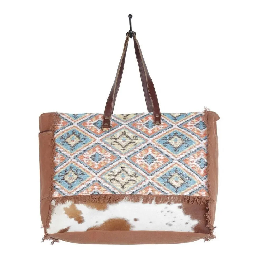 Myra Bag Handmade Ambrose Weekender Bag Upcycled Canvas & Cowhide Leather